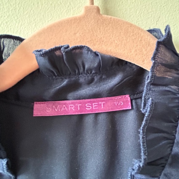 Smart Set Navy Satin Ruffle Button-Down Blouse - Picture 4 of 4